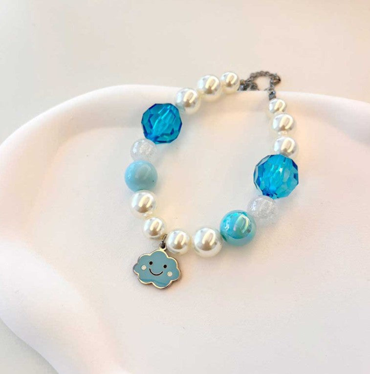 Handmade Korean Pearl Dog Collar | Cloud Charm | Surgical Steel Custom Name Tag
