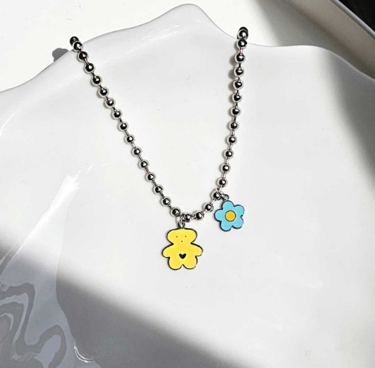Handmade Korean Dog & Cat ID Tag Necklace | Bear & Flower Charm | Ball Chain | Custom Engraved