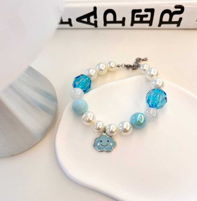 Handmade Korean Pearl Dog Collar | Cloud Charm | Surgical Steel Custom Name Tag