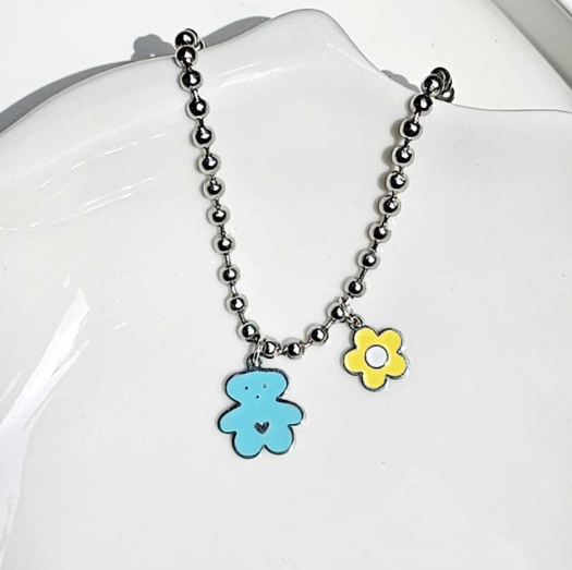 Handmade Korean Dog & Cat ID Tag Necklace | Bear & Flower Charm | Ball Chain | Custom Engraved