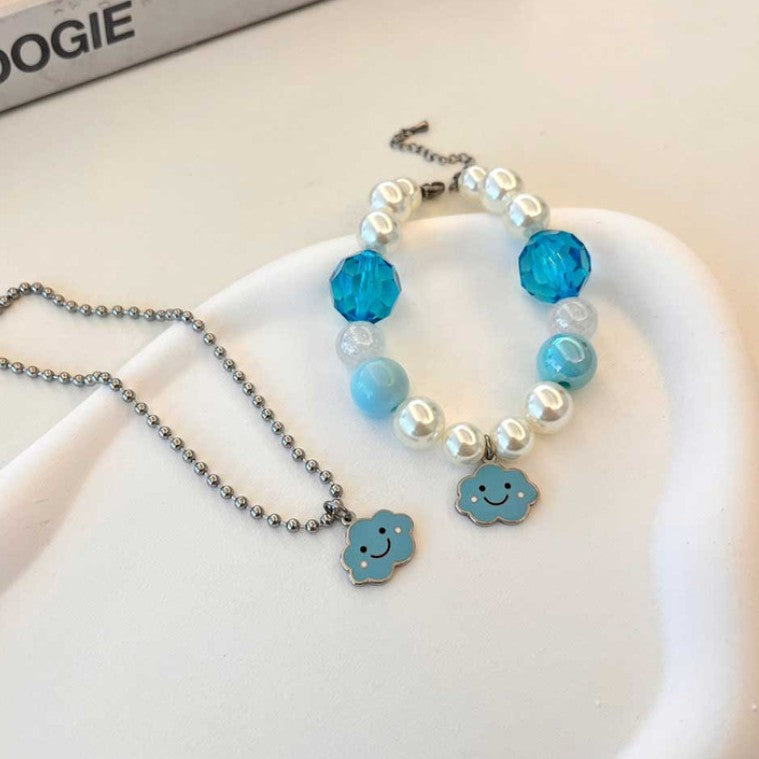 Handmade Korean Pearl Dog Collar | Cloud Charm | Surgical Steel Custom Name Tag
