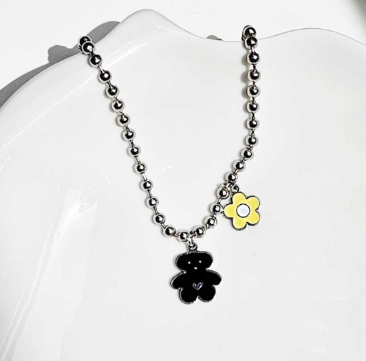 Handmade Korean Dog & Cat ID Tag Necklace | Bear & Flower Charm | Ball Chain | Custom Engraved