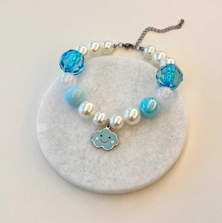 Handmade Korean Pearl Dog Collar | Cloud Charm | Surgical Steel Custom Name Tag