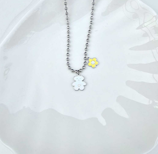 Handmade Korean Dog & Cat ID Tag Necklace | Bear & Flower Charm | Ball Chain | Custom Engraved
