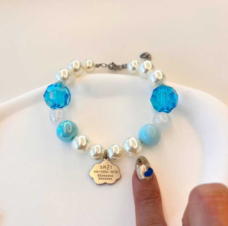 Handmade Korean Pearl Dog Collar | Cloud Charm | Surgical Steel Custom Name Tag