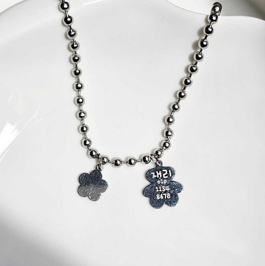 Handmade Korean Dog & Cat ID Tag Necklace | Bear & Flower Charm | Ball Chain | Custom Engraved