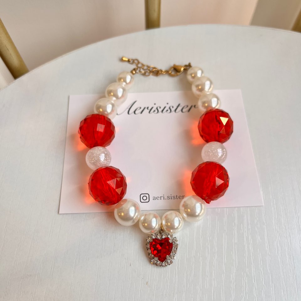 Ruby Crystal & Pearl Dog Collar Necklace – Handmade in Korea