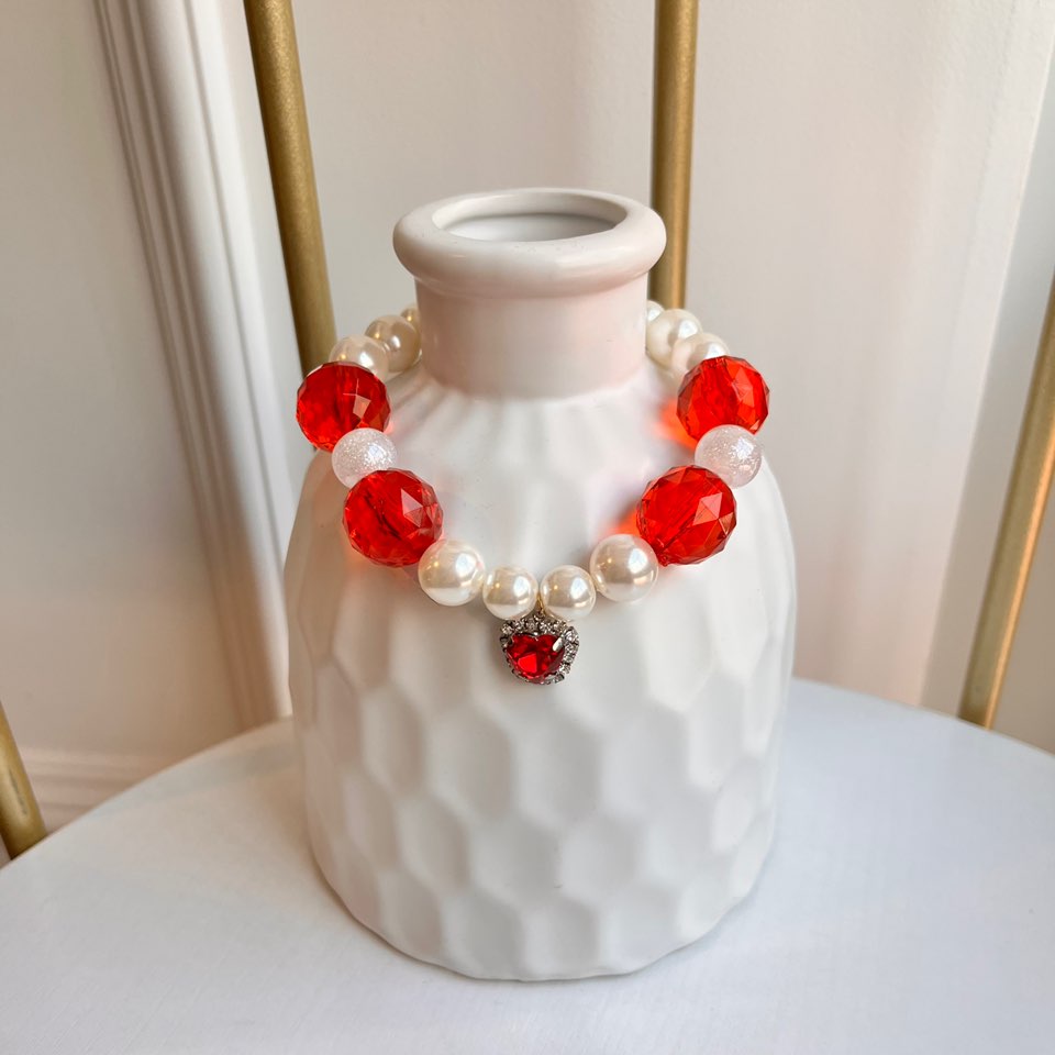 Ruby Crystal & Pearl Dog Collar Necklace – Handmade in Korea