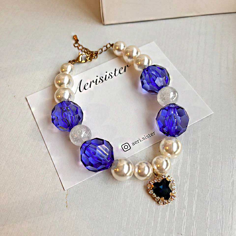 Sapphire Blue Crystal Charm | Custom Name Tag l Handmade Korean Pearl Dog & Cat Collar