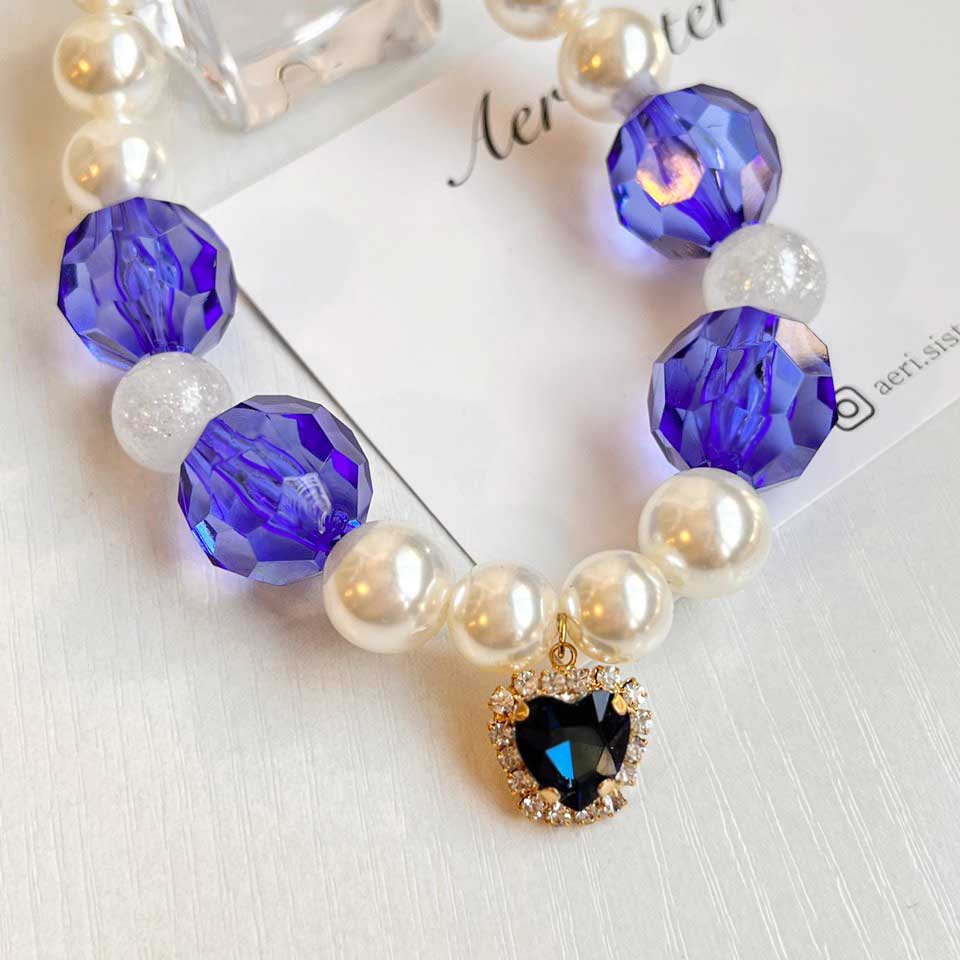 Sapphire Blue Crystal Charm | Custom Name Tag l Handmade Korean Pearl Dog & Cat Collar