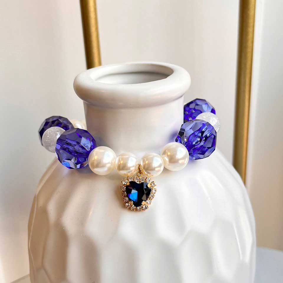 Sapphire Blue Crystal Charm | Custom Name Tag l Handmade Korean Pearl Dog & Cat Collar