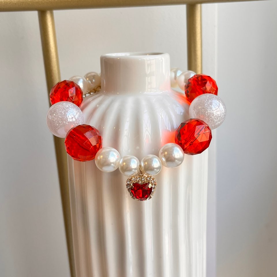 Ruby Crystal & Pearl Dog Collar Necklace – Handmade in Korea