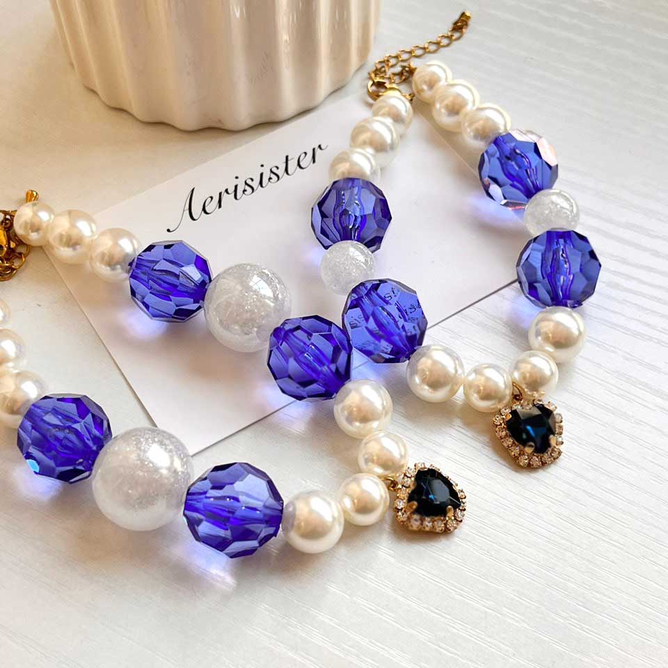 Sapphire Blue Crystal Charm | Custom Name Tag l Handmade Korean Pearl Dog & Cat Collar