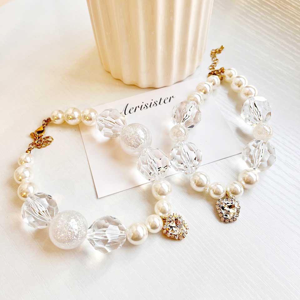 Handmade Korean Pearl Dog & Cat Collar | Crystal Charm