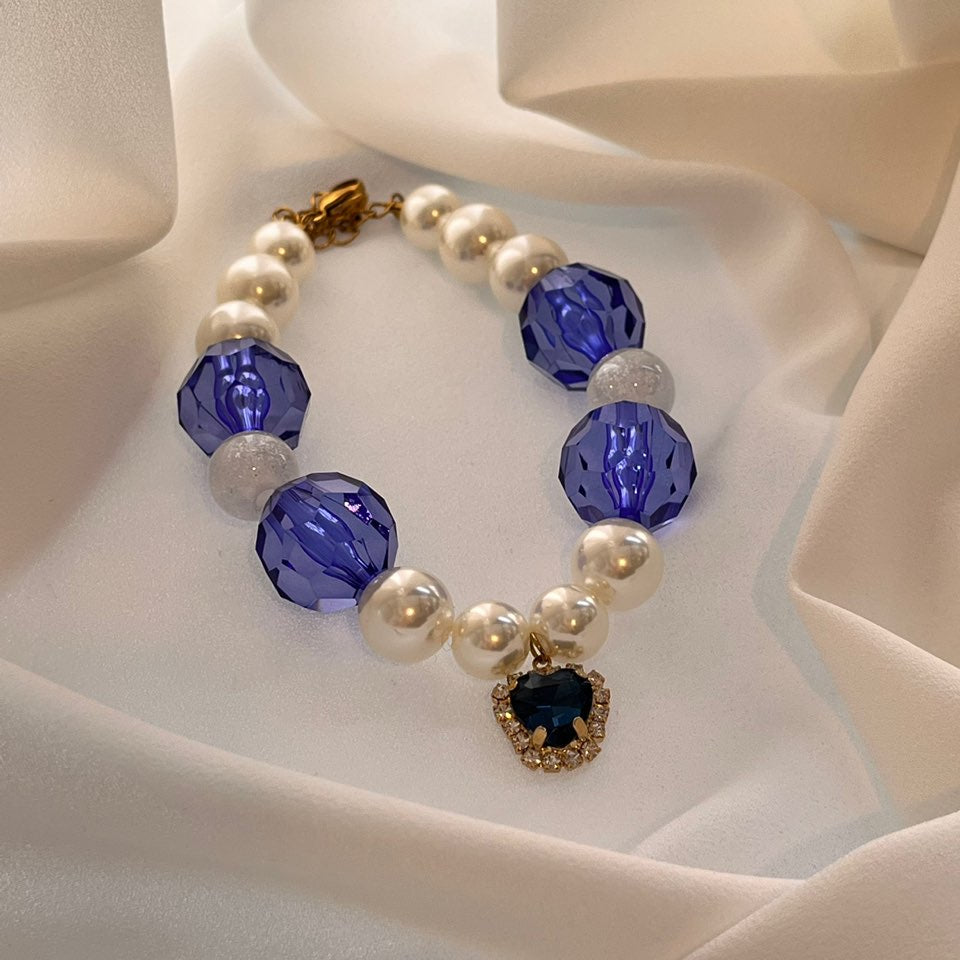 Sapphire Blue Crystal Charm | Custom Name Tag l Handmade Korean Pearl Dog & Cat Collar
