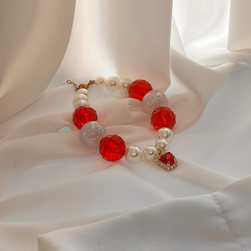 Ruby Crystal & Pearl Dog Collar Necklace – Handmade in Korea