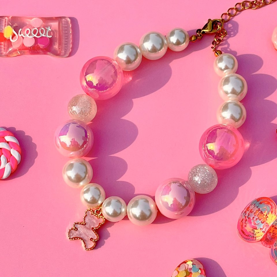 Lollipop Pink Bear Charm | Handmade Korean Pearl Dog & Cat Collar