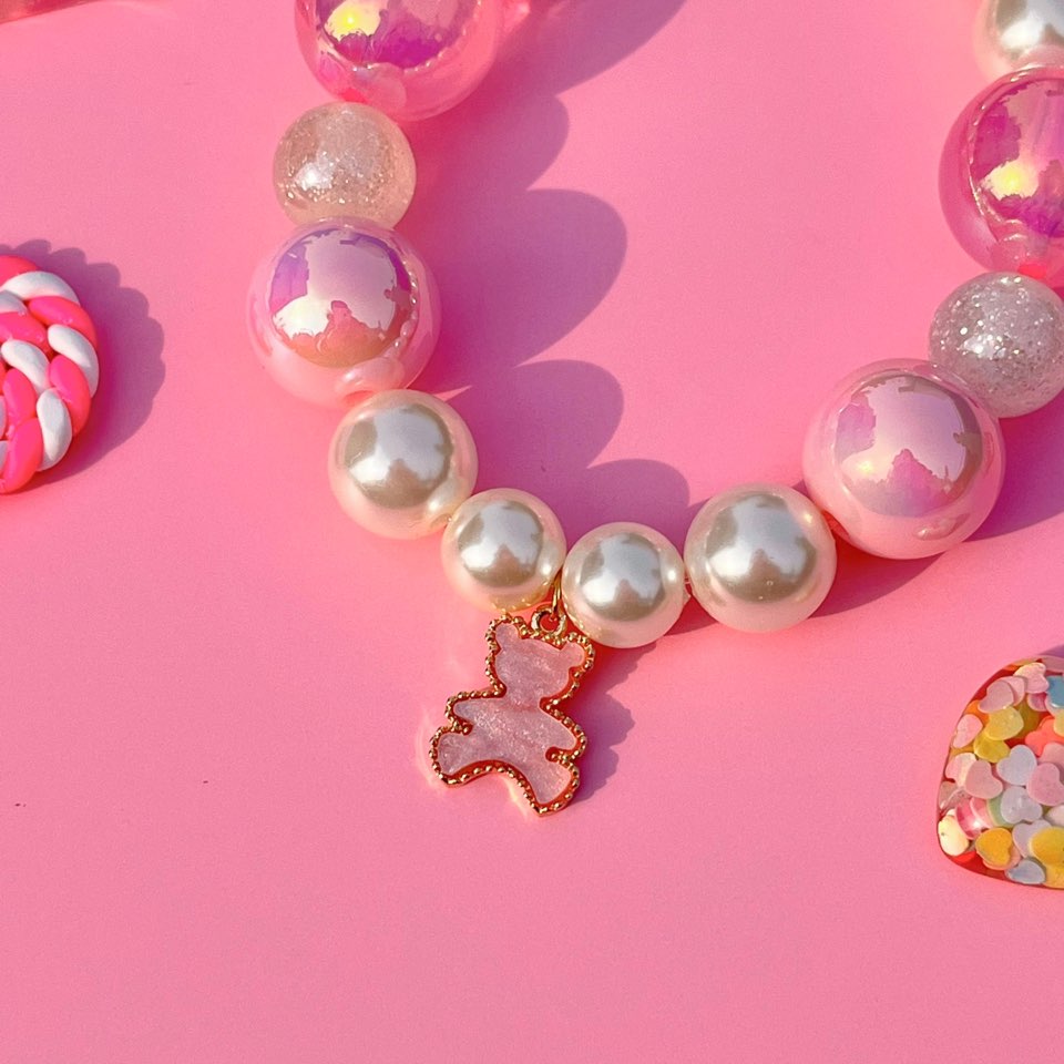 Lollipop Pink Bear Charm | Handmade Korean Pearl Dog & Cat Collar