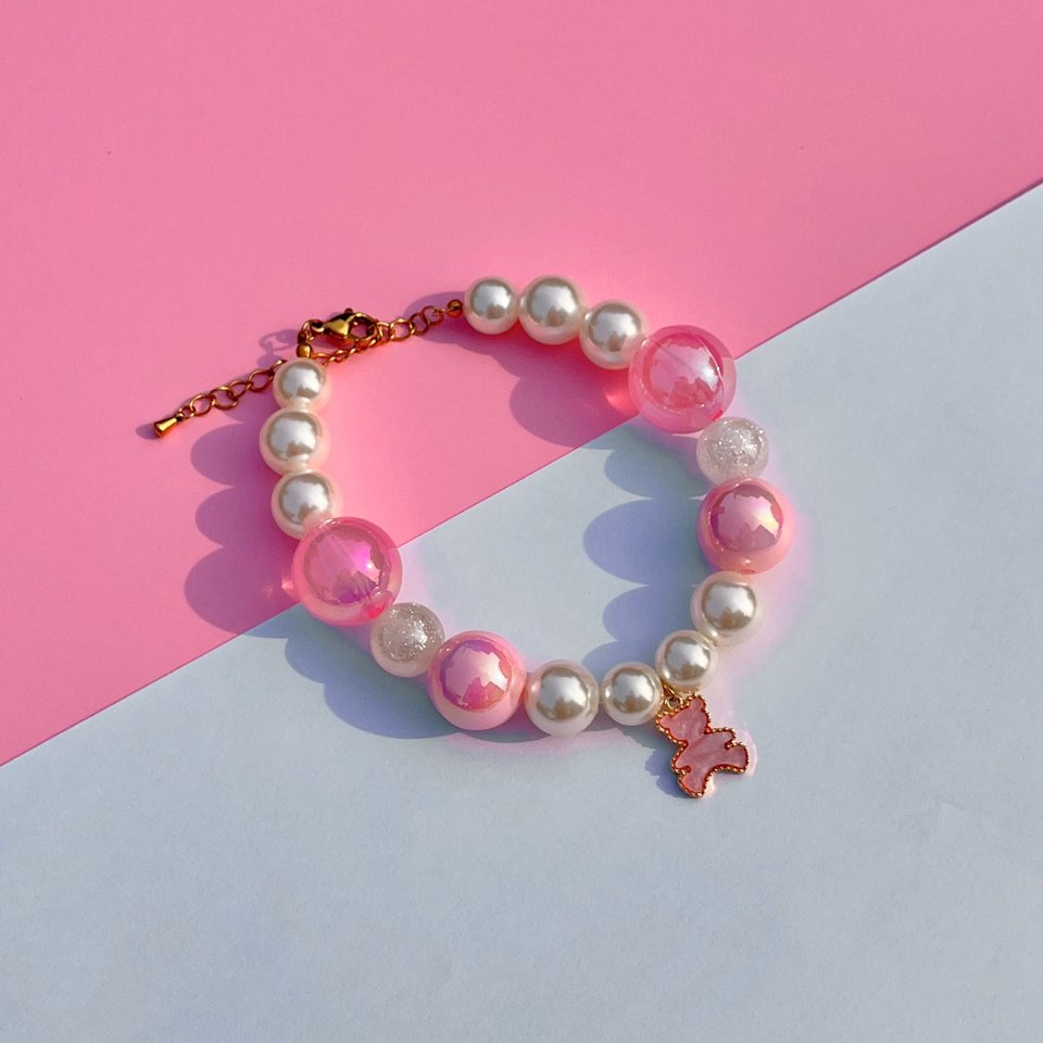 Lollipop Pink Bear Charm | Handmade Korean Pearl Dog & Cat Collar