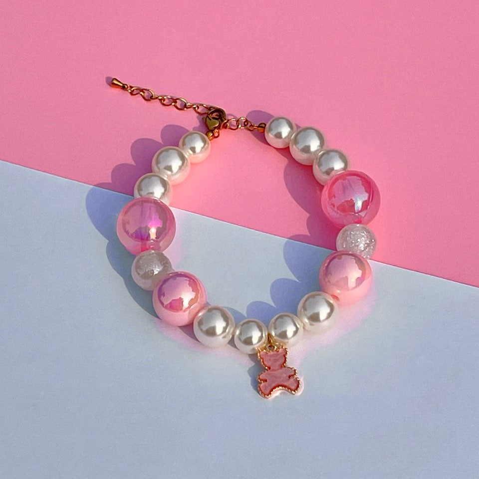 Lollipop Pink Bear Charm | Handmade Korean Pearl Dog & Cat Collar