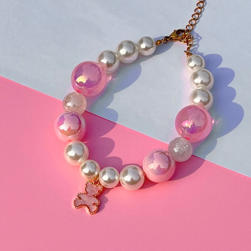 Lollipop Pink Bear Charm | Handmade Korean Pearl Dog & Cat Collar