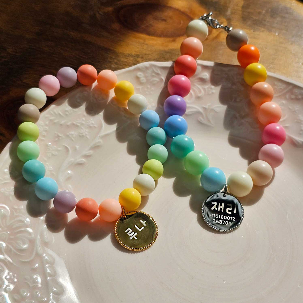 Handmade Korean Bead Dog Collar | Colorful Matte | Custom Name Tag
