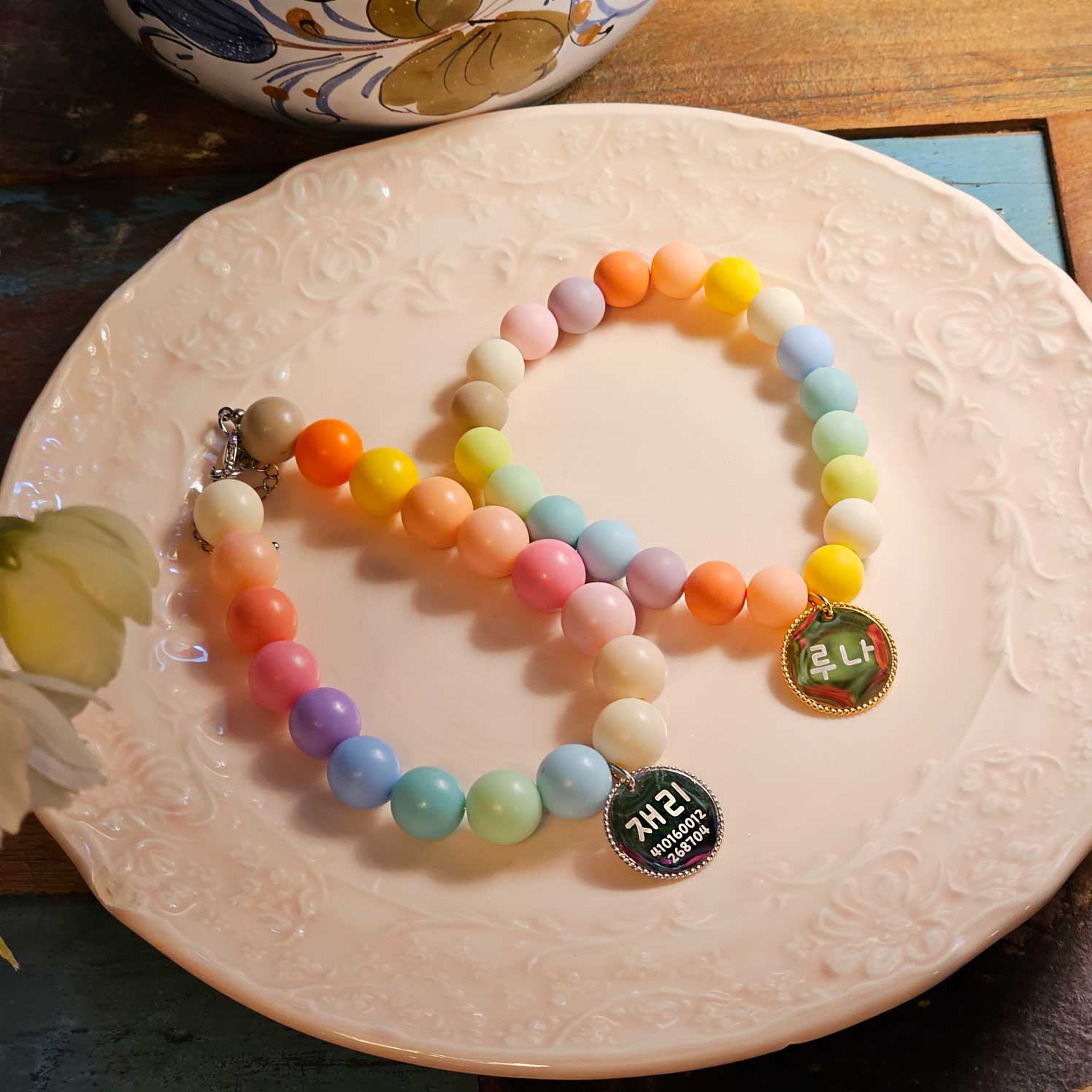 Handmade Korean Bead Dog Collar | Colorful Matte | Custom Name Tag