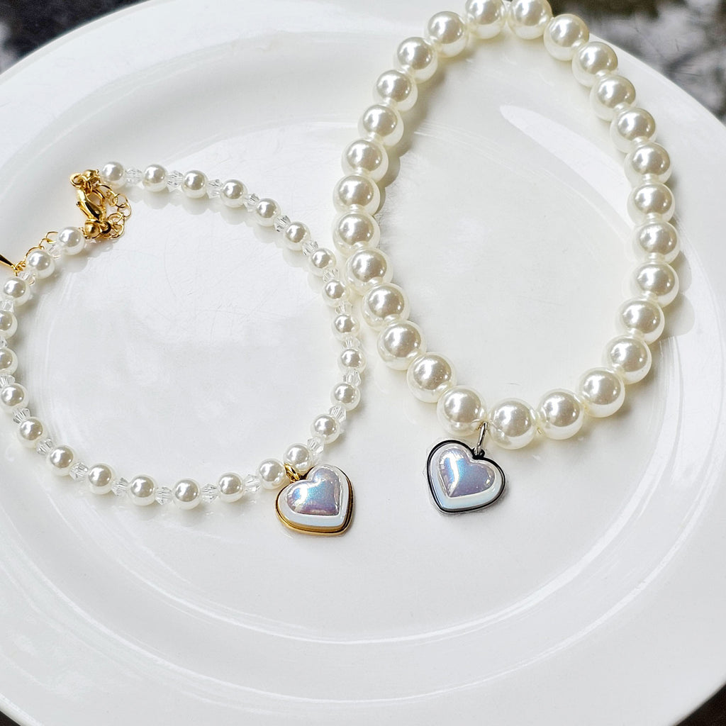 Handmade Heart Charm Pearl Dog & Cat Collar Necklace | Custom Korean Pet Jewelry | Personalized Engraving