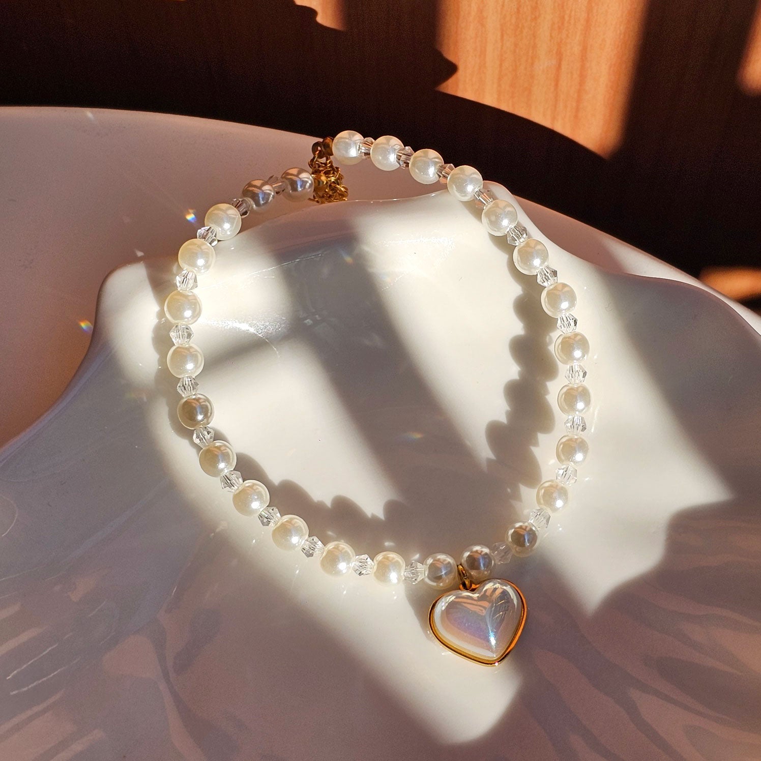 Handmade Heart Charm Pearl Dog & Cat Collar Necklace | Custom Korean Pet Jewelry | Personalized Engraving