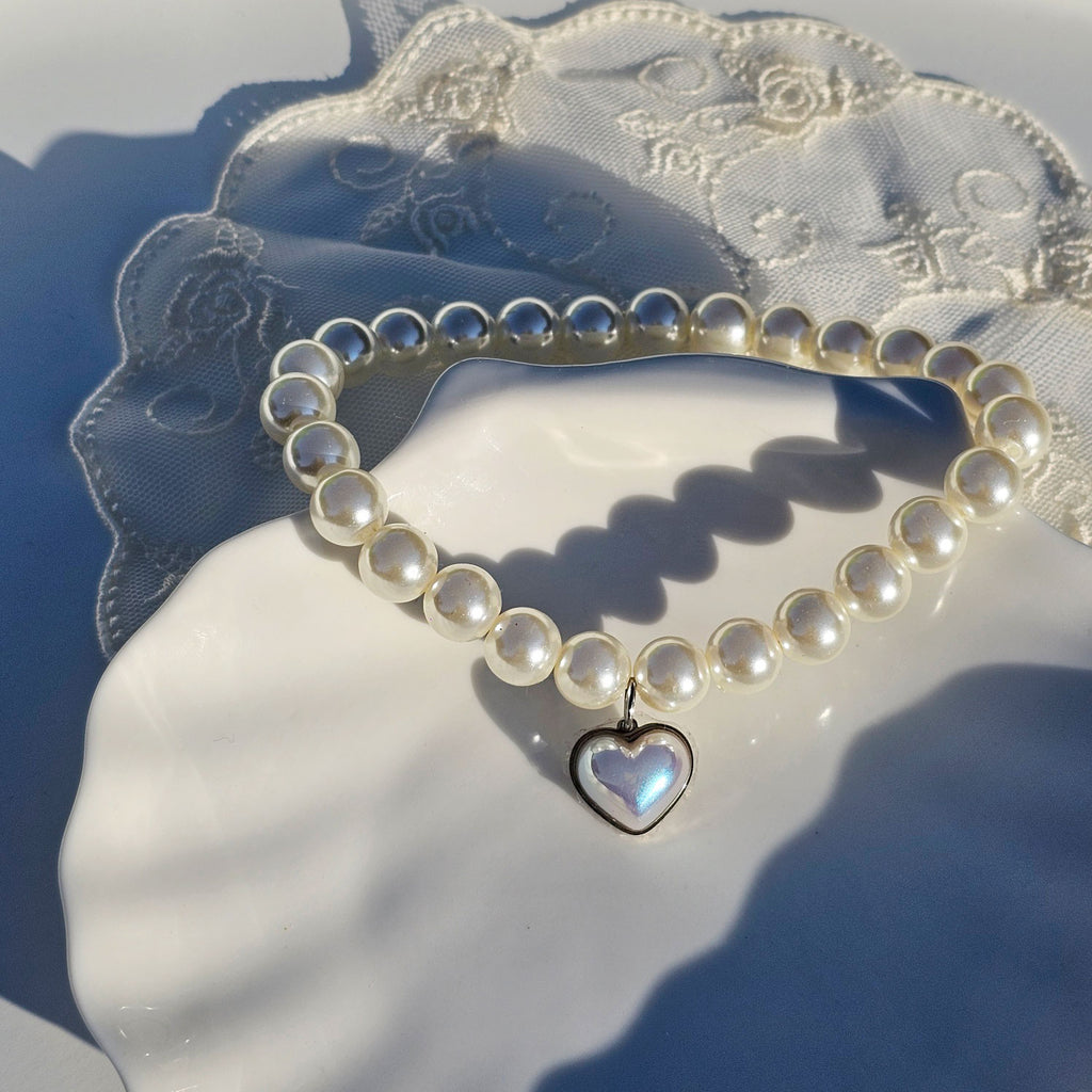 Handmade Heart Charm Pearl Dog & Cat Collar Necklace | Custom Korean Pet Jewelry | Personalized Engraving