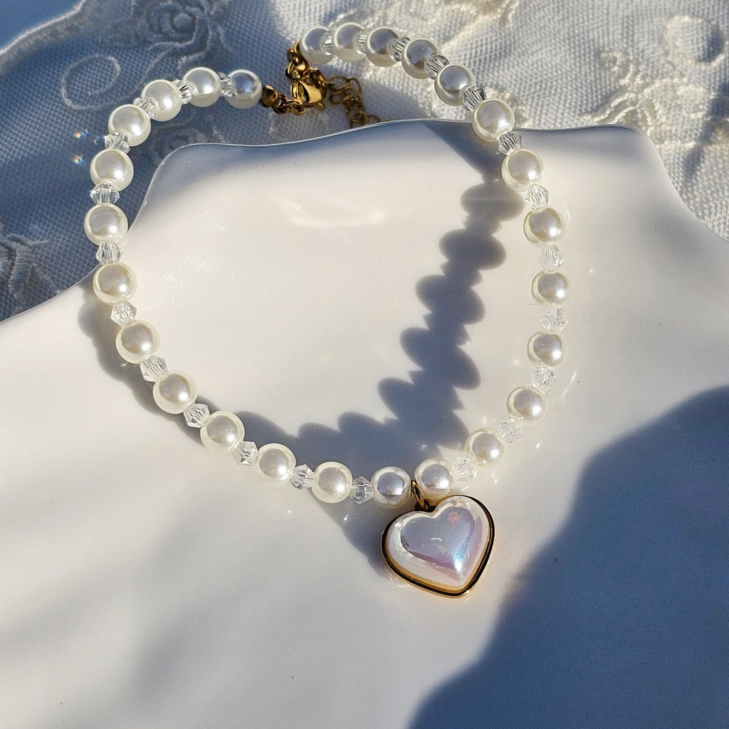 Handmade Heart Charm Pearl Dog & Cat Collar Necklace | Custom Korean Pet Jewelry | Personalized Engraving