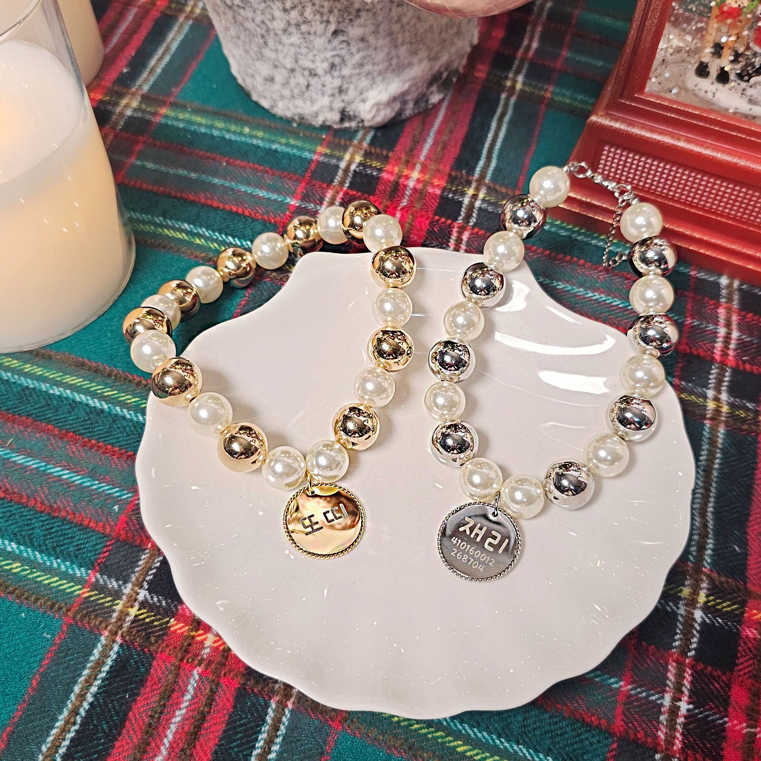 Handmade Christmas Pearl Dog Collar | Holiday Crystal Charm Necklace | Korean Pet Jewelry