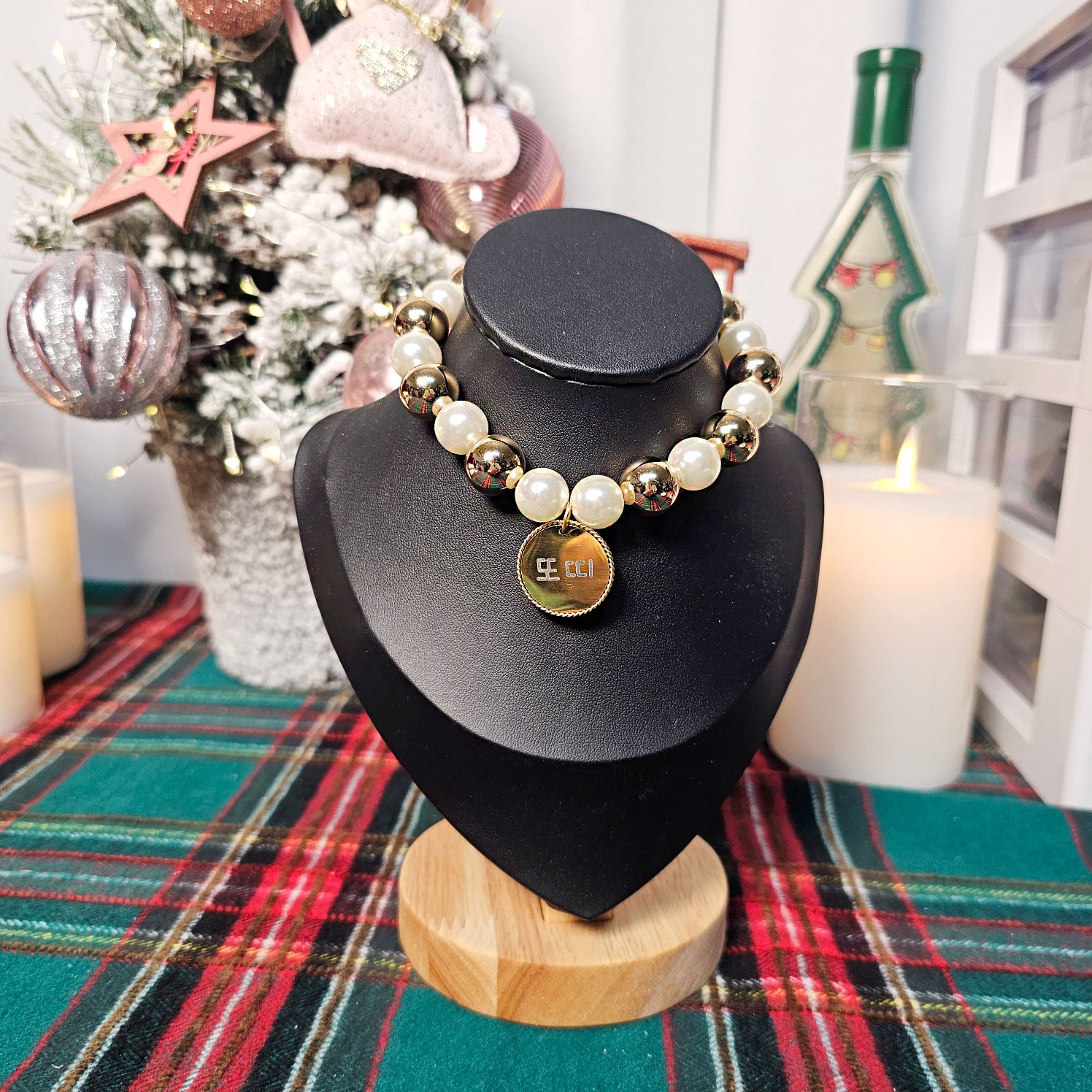 Handmade Christmas Pearl Dog Collar | Holiday Crystal Charm Necklace | Korean Pet Jewelry