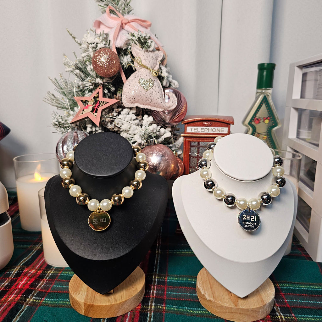 Handmade Christmas Pearl Dog Collar | Holiday Crystal Charm Necklace | Korean Pet Jewelry