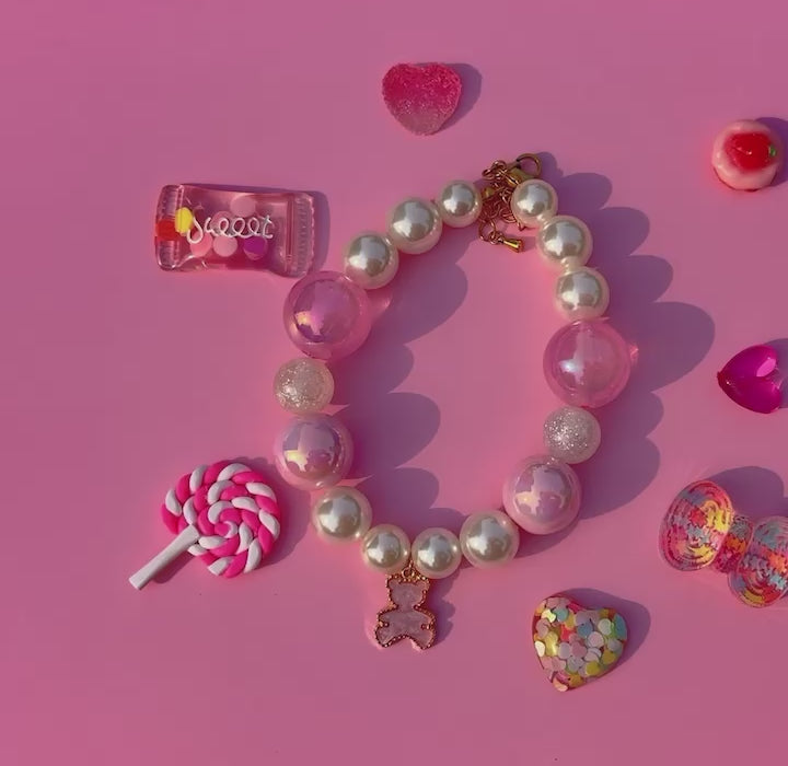 Lollipop Pink Bear Charm | Handmade Korean Pearl Dog & Cat Collar